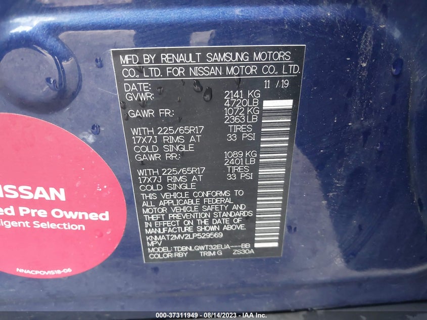 VIN KNMAT2MV2LP529569 2020 NISSAN ROGUE SV
