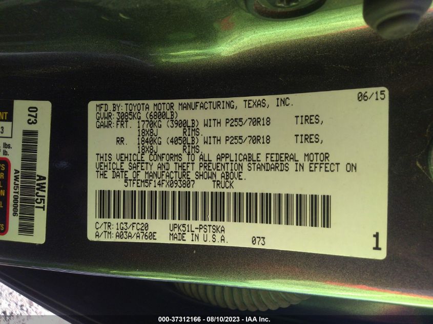 2015 TOYOTA TUNDRA 2WD TRUCK SR5 5TFEM5F14FX093807