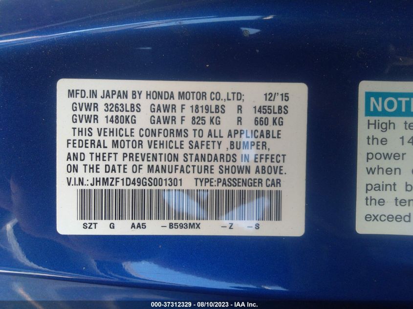 2016 HONDA CR-Z LX JHMZF1D49GS001301