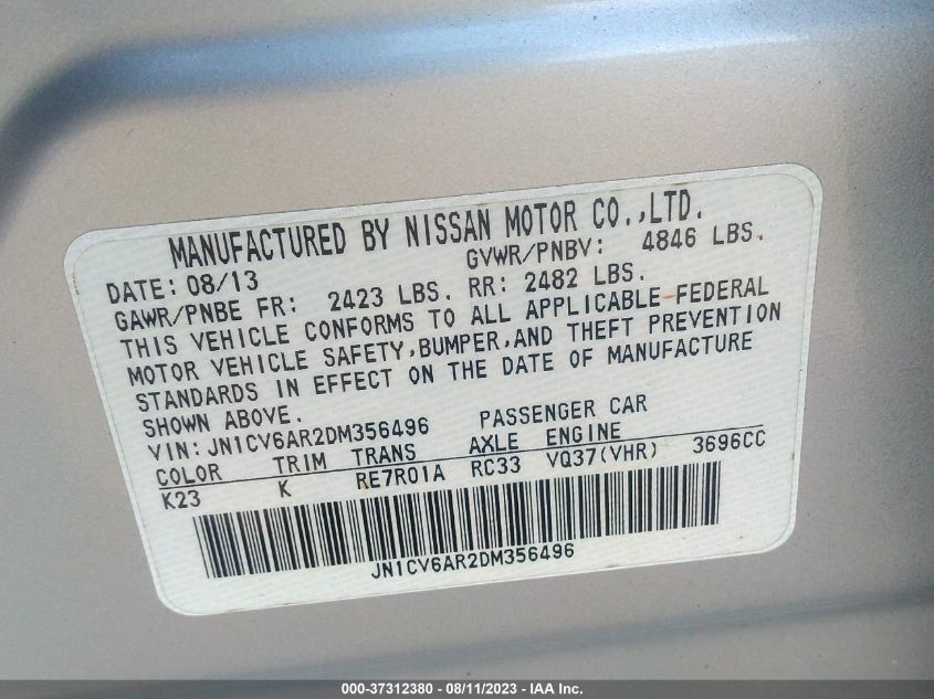 2013 INFINITI G37 SEDAN X JN1CV6AR2DM356496