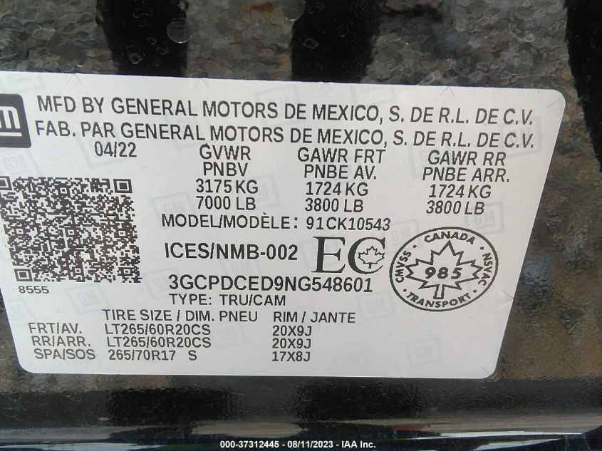 2022 CHEVROLET SILVERADO 1500 CUSTOM TRAIL BOSS - 3GCPDCED9NG548601