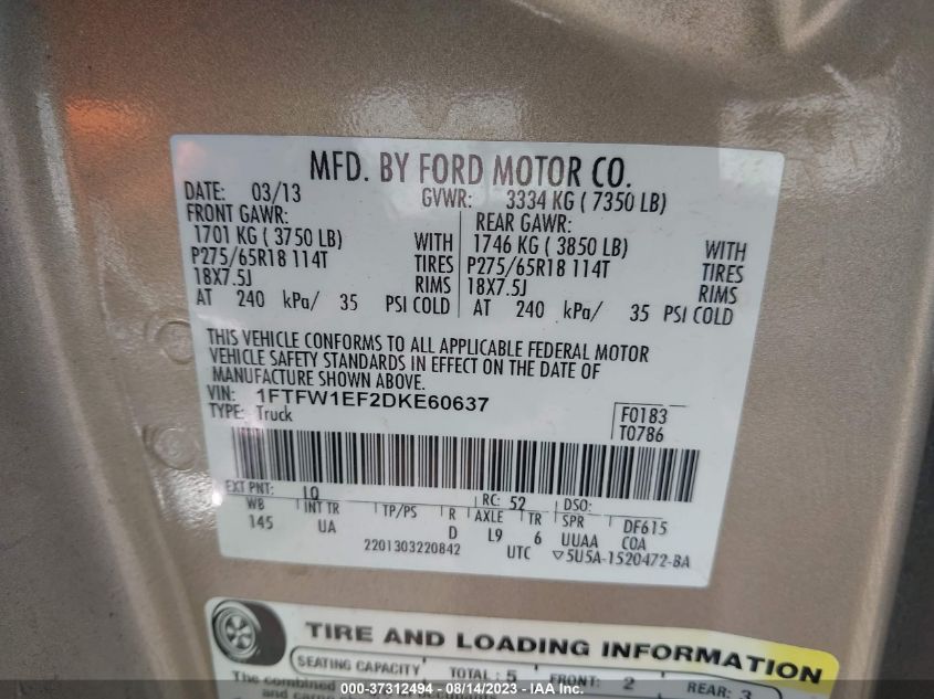 2013 FORD F-150 XL/XLT/FX4/LARIAT - 1FTFW1EF2DKE60637