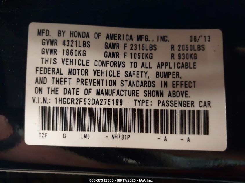 2013 HONDA ACCORD SDN SPORT - 1HGCR2F53DA275199