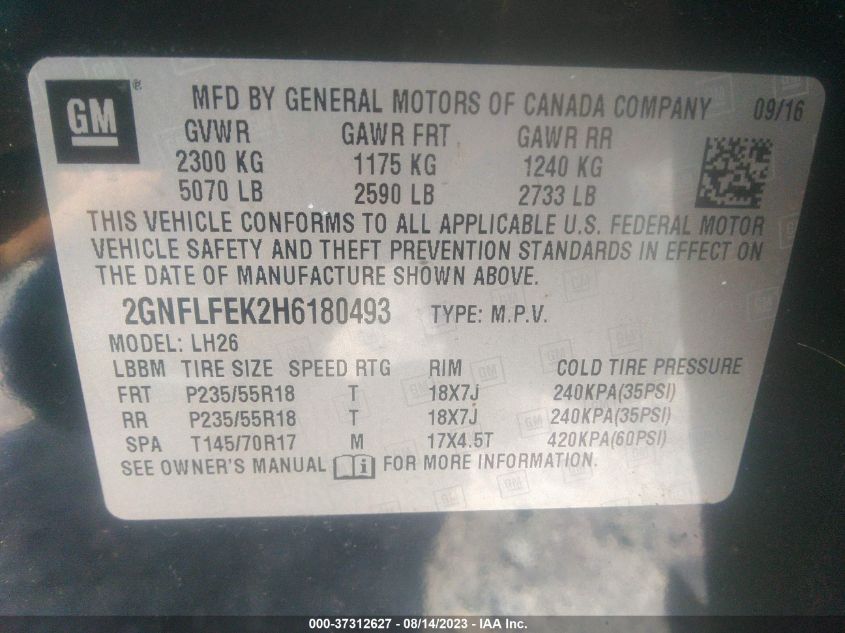 2017 CHEVROLET EQUINOX LT - 2GNFLFEK2H6180493