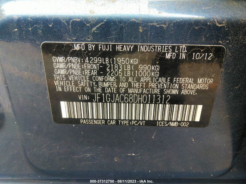 2013 SUBARU IMPREZA SEDAN PREMIUM - JF1GJAC68DH011312