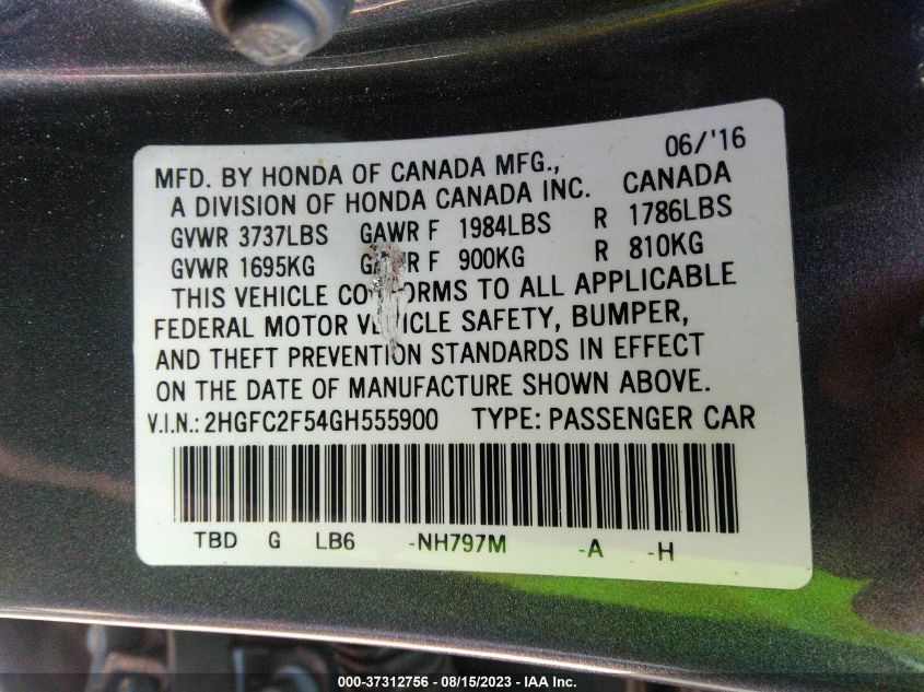 2016 HONDA CIVIC SEDAN LX - 2HGFC2F54GH555900