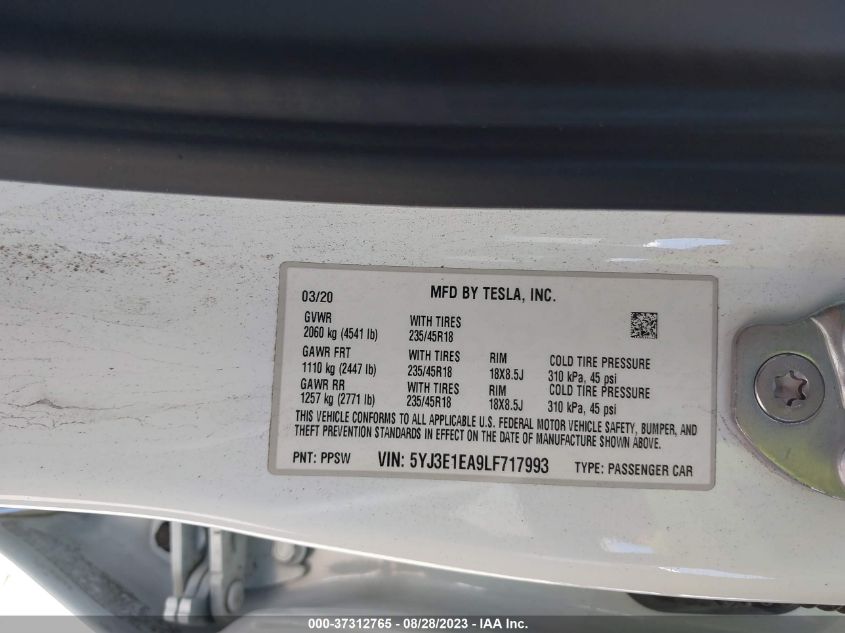 2020 TESLA MODEL 3 STANDARD RANGE - 5YJ3E1EA9LF717993