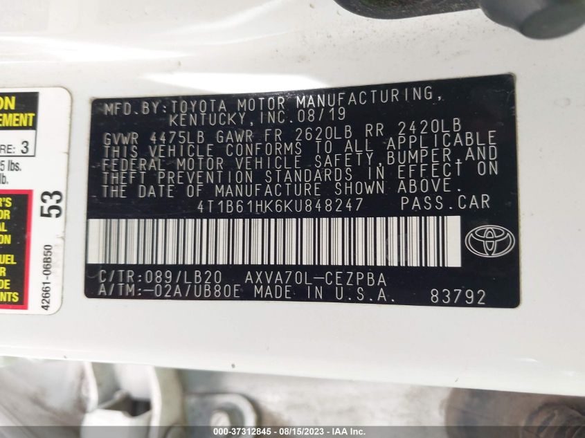 4T1B61HK6KU848247 Toyota Camry XSE 9