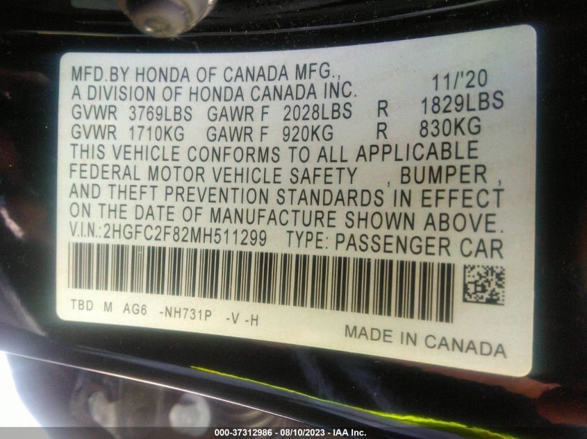 2021 HONDA CIVIC SEDAN SPORT - 2HGFC2F82MH511299