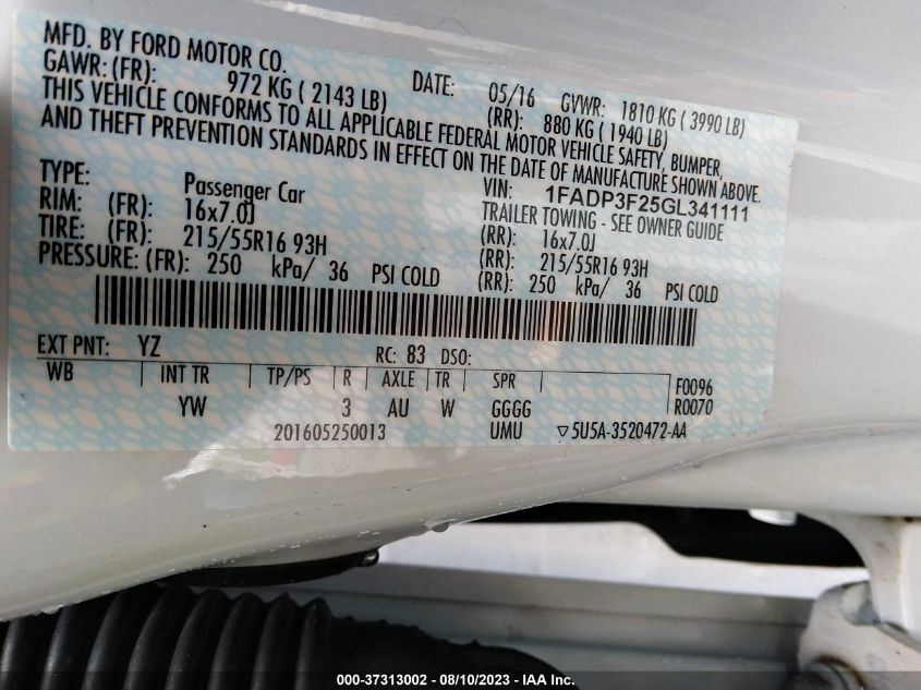 2016 FORD FOCUS SE - 1FADP3F25GL341111