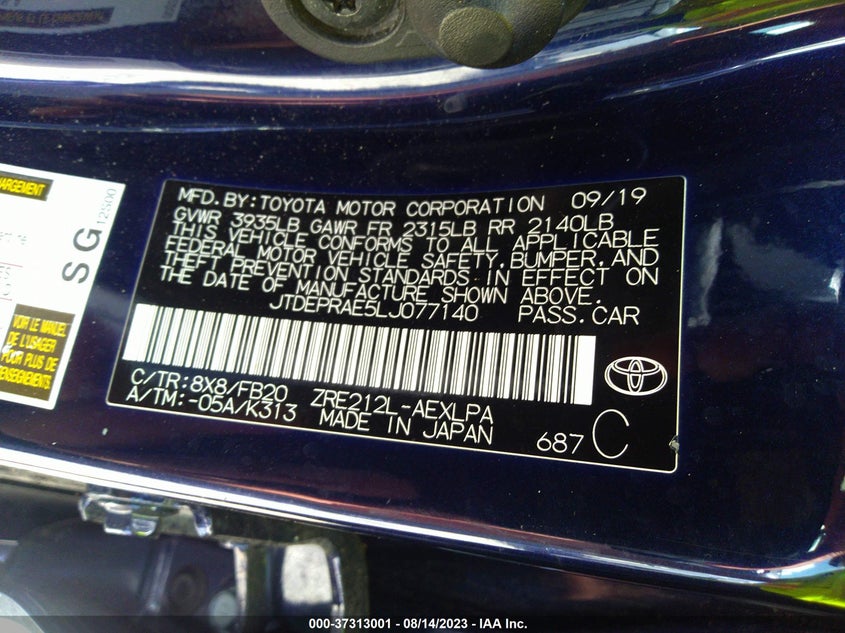 VIN JTDEPRAE5LJ077140 2020 TOYOTA COROLLA LE