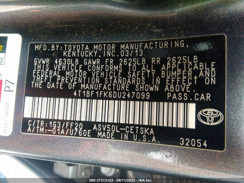 2013 TOYOTA CAMRY L/LE/SE/XLE - 4T1BF1FK6DU247099