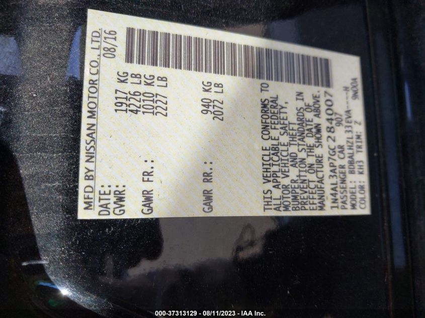 2016 NISSAN ALTIMA 2.5/S/SV/SL/SR - 1N4AL3AP7GC284007