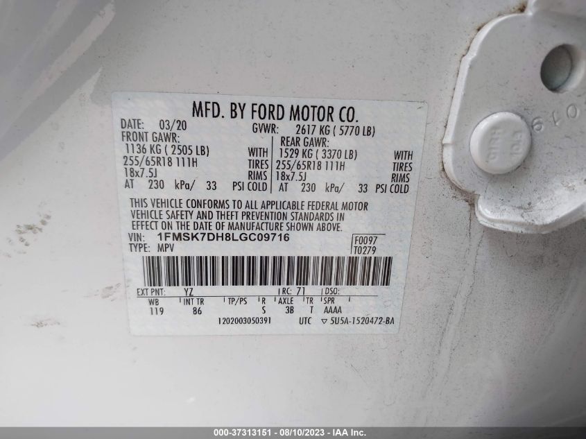 2020 FORD EXPLORER XLT - 1FMSK7DH8LGC09716