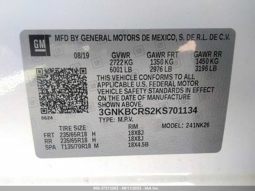 2019 CHEVROLET BLAZER 2LT - 3GNKBCRS2KS701134
