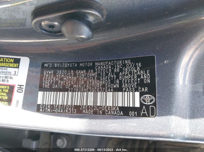 2016 TOYOTA COROLLA L/LE/S/S PLUS/LE PLUS - 2T1BURHE3GC637644