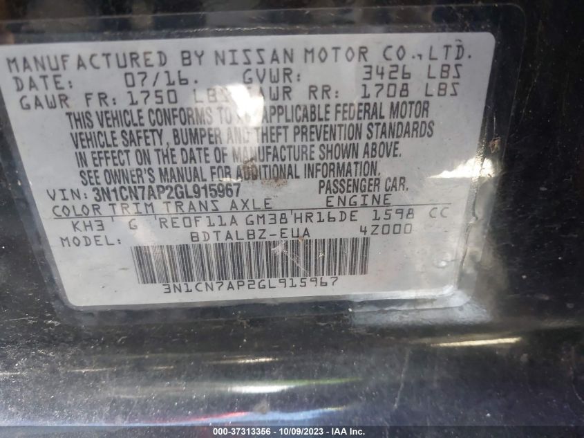 2016 NISSAN VERSA SV - 3N1CN7AP2GL915967