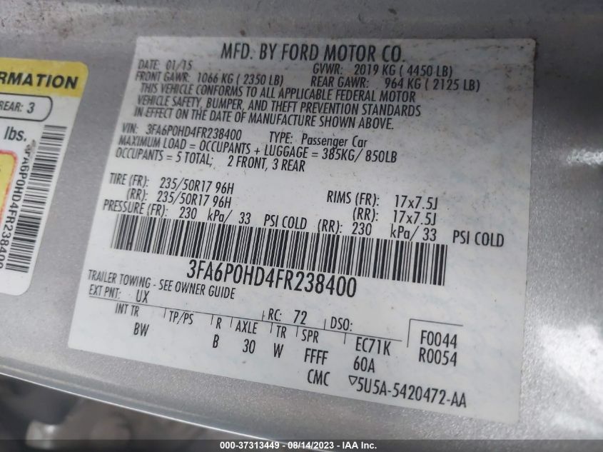 2015 FORD FUSION SE - 3FA6P0HD4FR238400