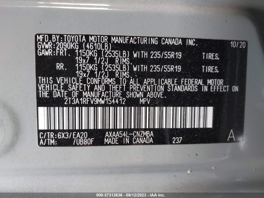 2021 TOYOTA RAV4 XLE PREMIUM - 2T3A1RFV9MW154412
