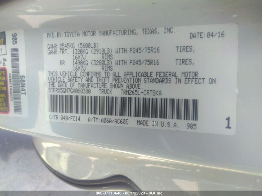 2016 TOYOTA TACOMA SR/SR5 - 5TFRX5GN7GX068380