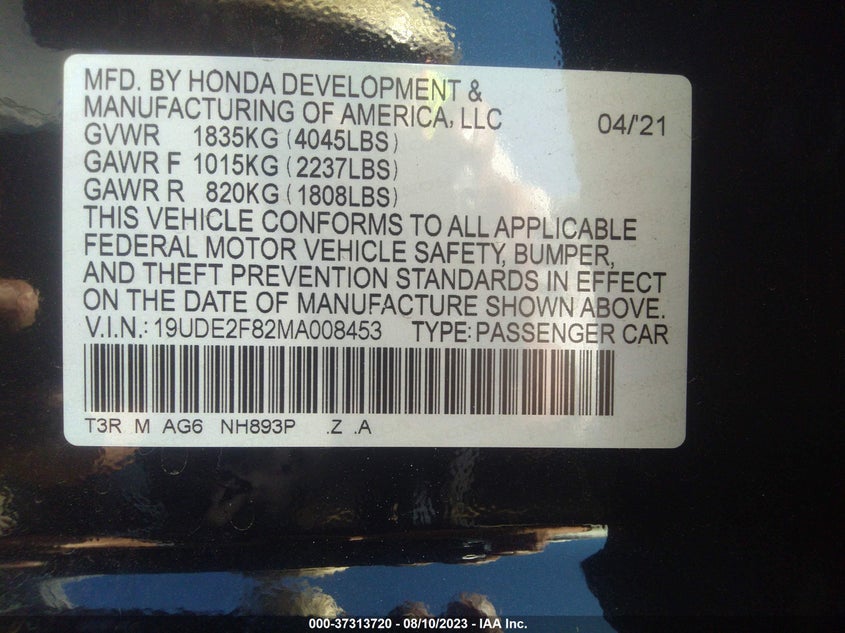 VIN 19UDE2F82MA008453 2021 ACURA ILX PACKAGE