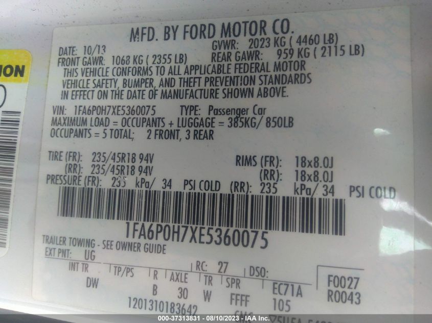 2014 FORD FUSION SE - 1FA6P0H7XE5360075