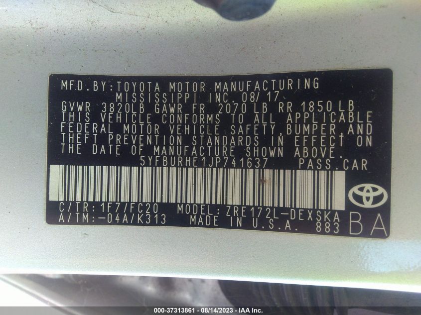 2018 TOYOTA COROLLA L/LE/XLE/SE/XSE - 5YFBURHE1JP741637