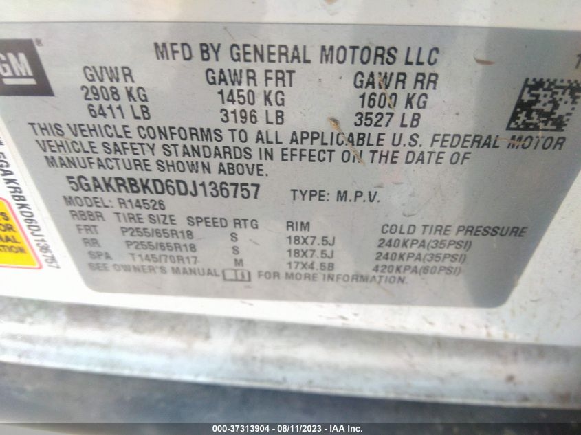 2013 BUICK ENCLAVE - 5GAKRBKD6DJ136757