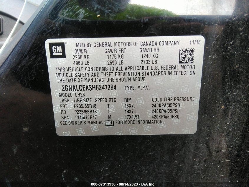2017 CHEVROLET EQUINOX LT - 2GNALCEK3H6247384