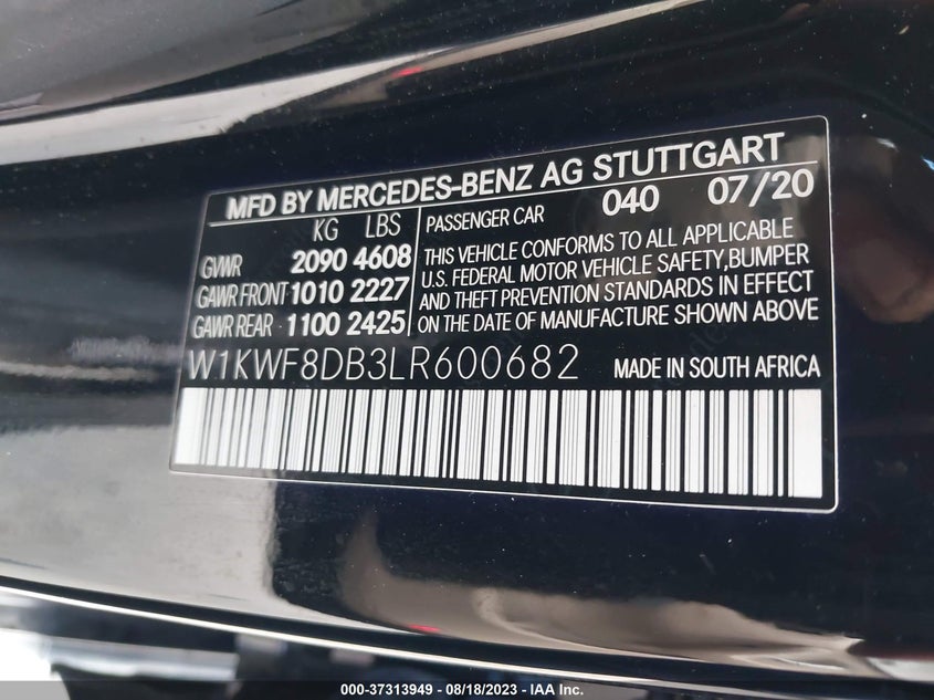 VIN W1KWF8DB3LR600682 2020 MERCEDES-BENZ C-CLASS C 300