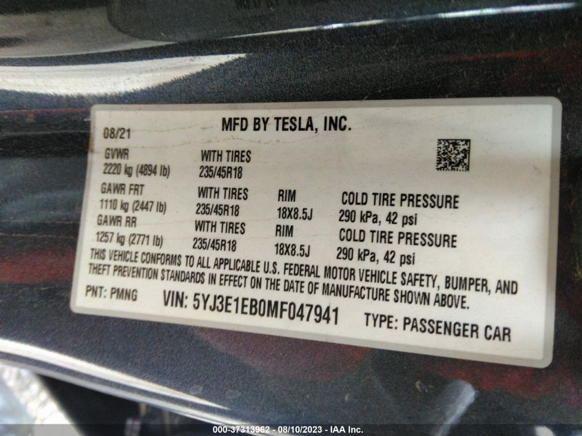 2021 TESLA MODEL 3 LONG RANGE - 5YJ3E1EB0MF047941