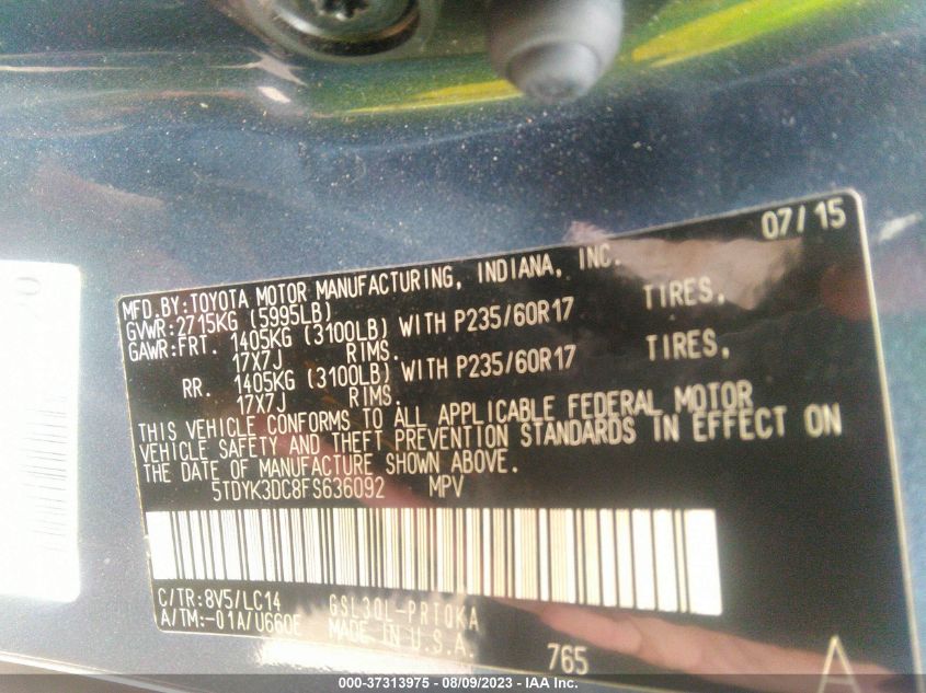 5TDYK3DC8FS636092 2015 TOYOTA SIENNA, photo no. 9