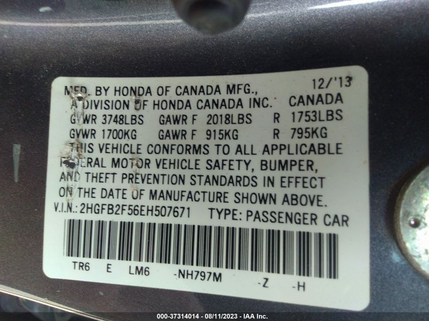 2014 HONDA CIVIC SEDAN LX - 2HGFB2F56EH507671