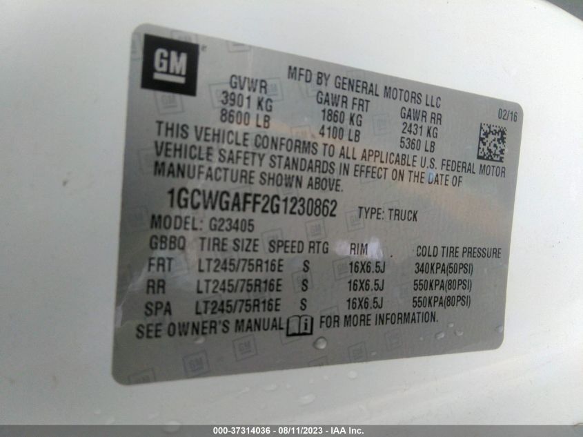 2016 CHEVROLET EXPRESS CARGO VAN - 1GCWGAFF2G1230862