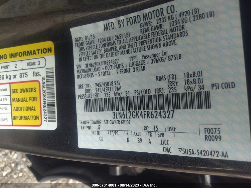 2015 LINCOLN MKZ - 3LN6L2GK4FR624327