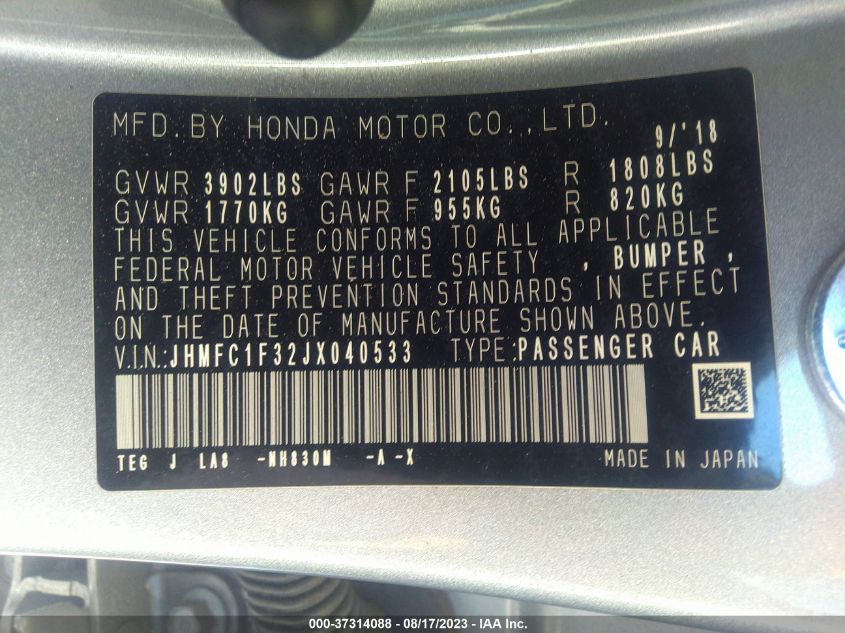 2018 HONDA CIVIC SEDAN EX-T - JHMFC1F32JX040533