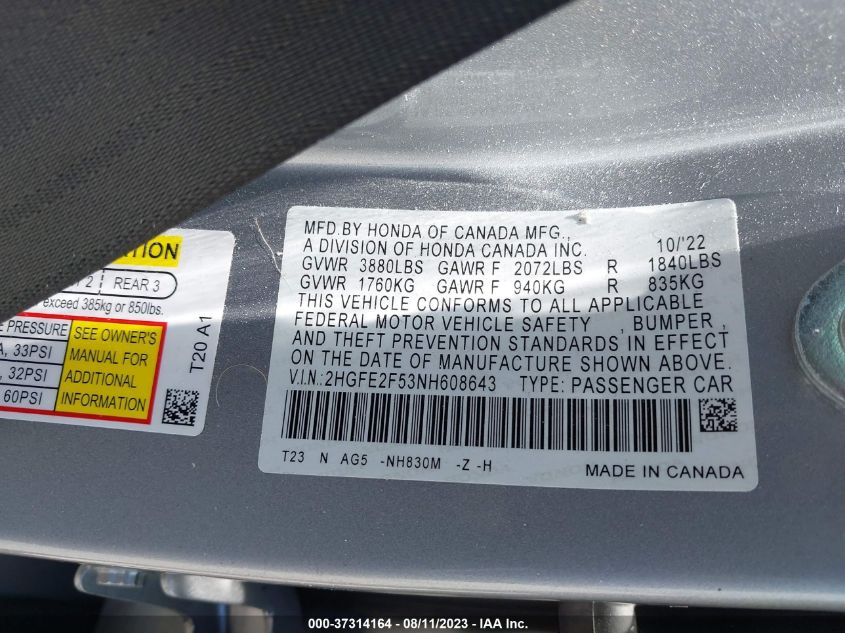 VIN 2HGFE2F53NH608643 2022 HONDA CIVIC SEDAN SPORT