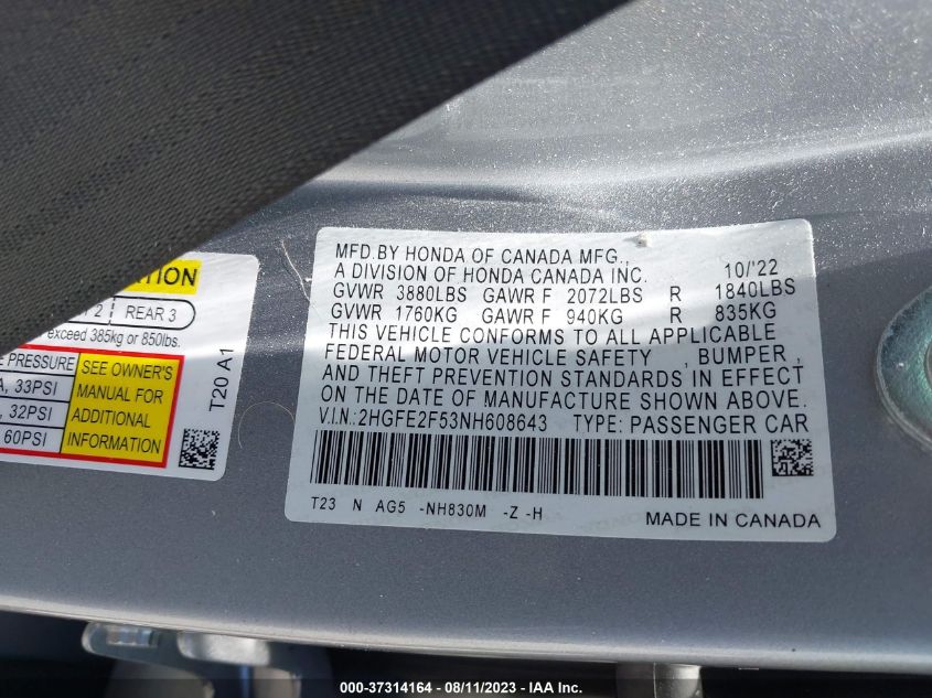 2HGFE2F53NH608643 Honda Civic Sedan SPORT 9