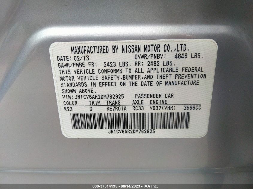 2013 INFINITI G37 JN1CV6AR2DM7629