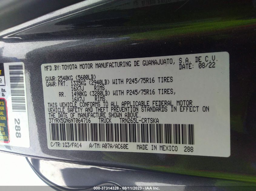 2022 TOYOTA TACOMA 2WD SR/SR5 - 3TYRX5GN6NT064716