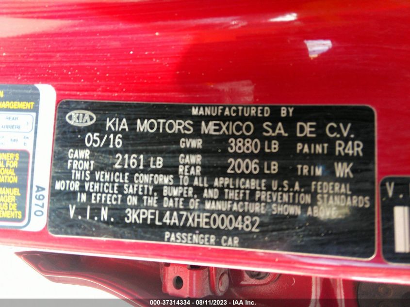 2017 KIA FORTE S - 3KPFL4A7XHE000482