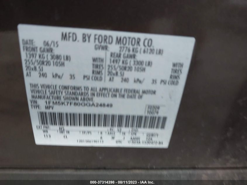2016 FORD EXPLORER LIMITED - 1FM5K7F80GGA24849