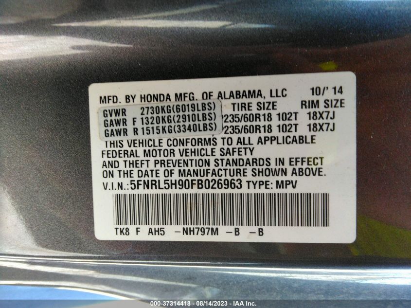 2015 HONDA ODYSSEY TOURING - 5FNRL5H90FB026963