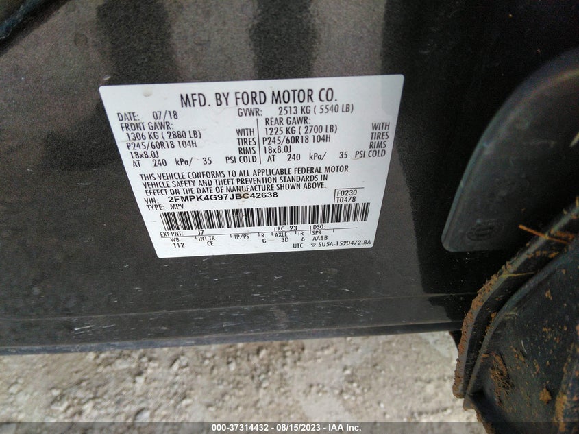 VIN 2FMPK4G97JBC42638 2018 FORD EDGE SE