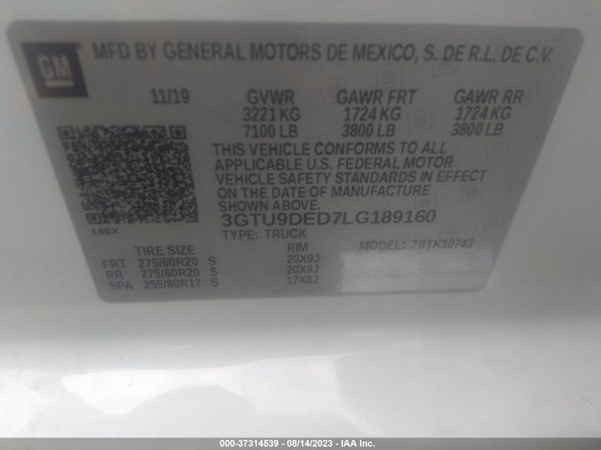 2020 GMC SIERRA 1500 SLT - 3GTU9DED7LG189160