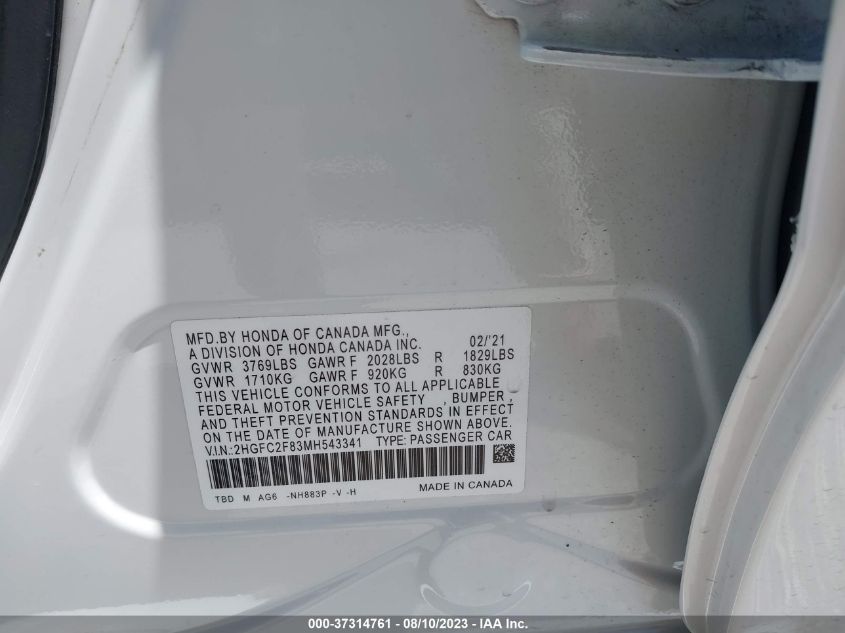 VIN 2HGFC2F83MH543341 2021 HONDA CIVIC SEDAN SPORT