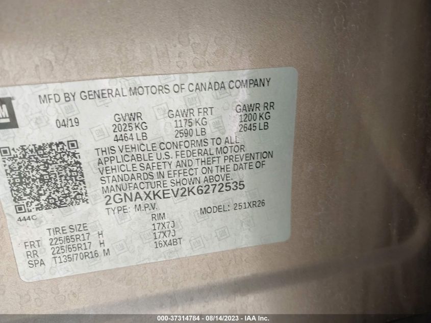 2019 CHEVROLET EQUINOX LT - 2GNAXKEV2K6272535