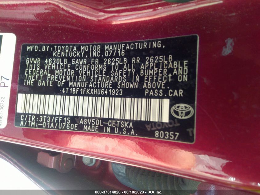 2017 TOYOTA CAMRY XLE/SE/LE/XSE - 4T1BF1FKXHU641923