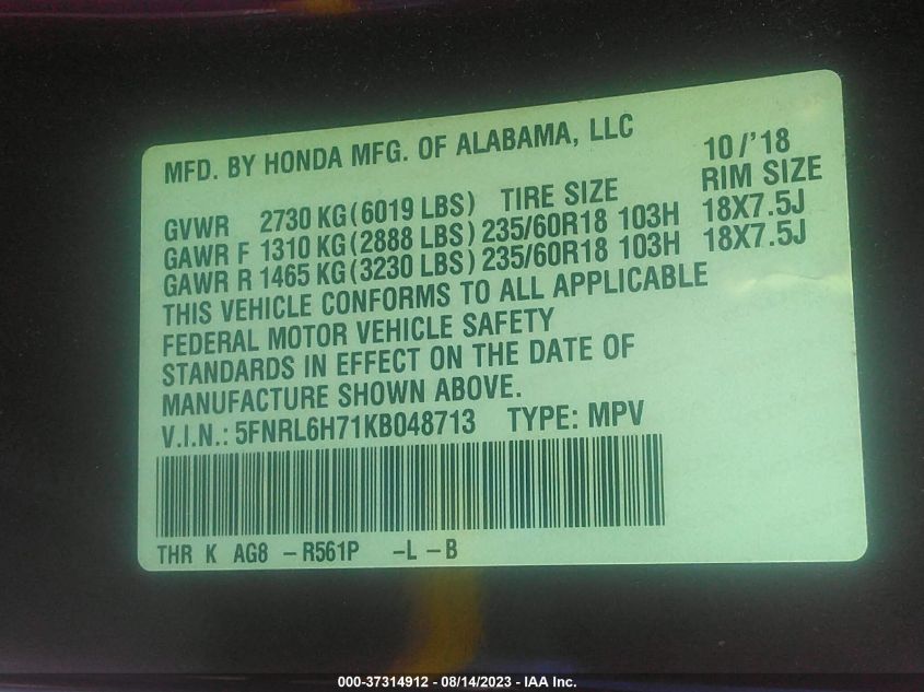 2019 HONDA ODYSSEY EX-L - 5FNRL6H71KB048713