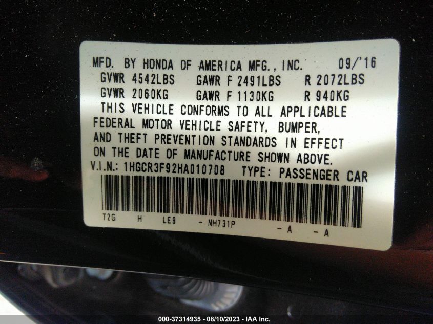 2017 HONDA ACCORD SEDAN TOURING - 1HGCR3F92HA010708